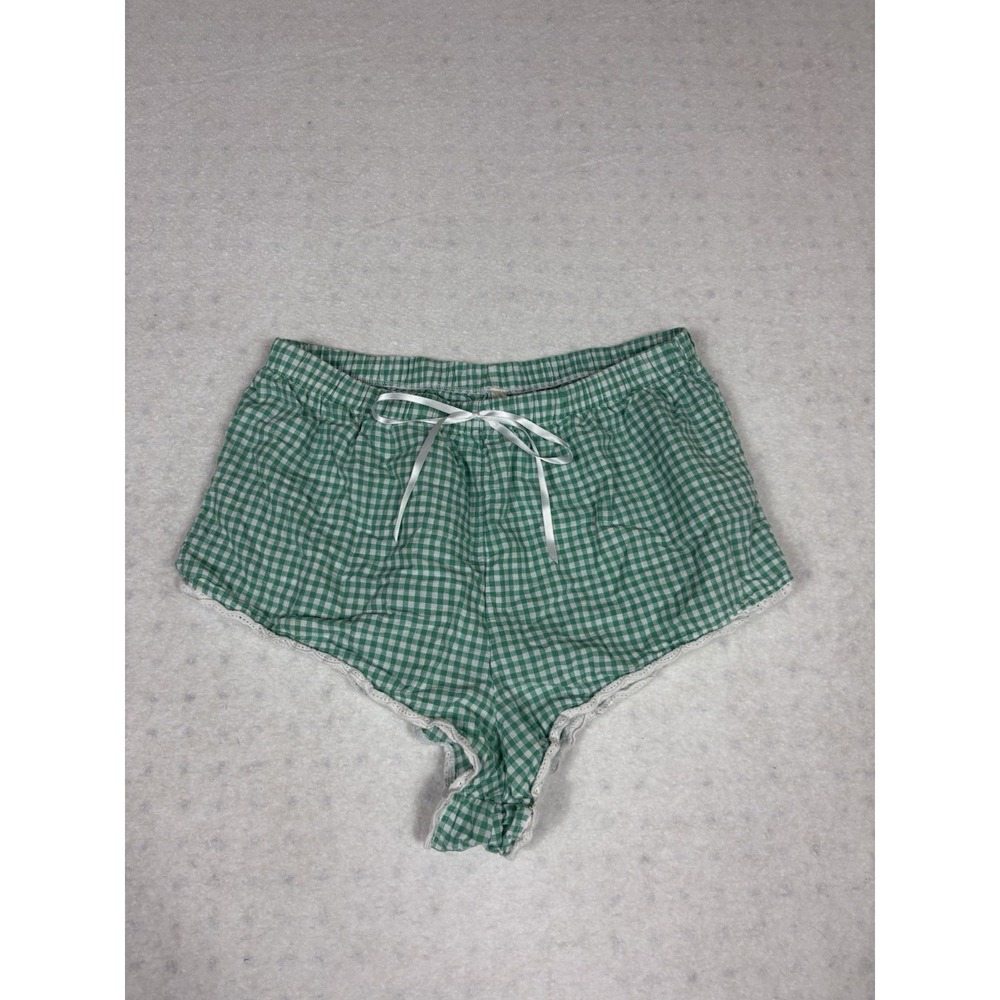 Anthropologie Green White Gingham Comfy Lounge Pajama Shorts Lace Girly M Womens